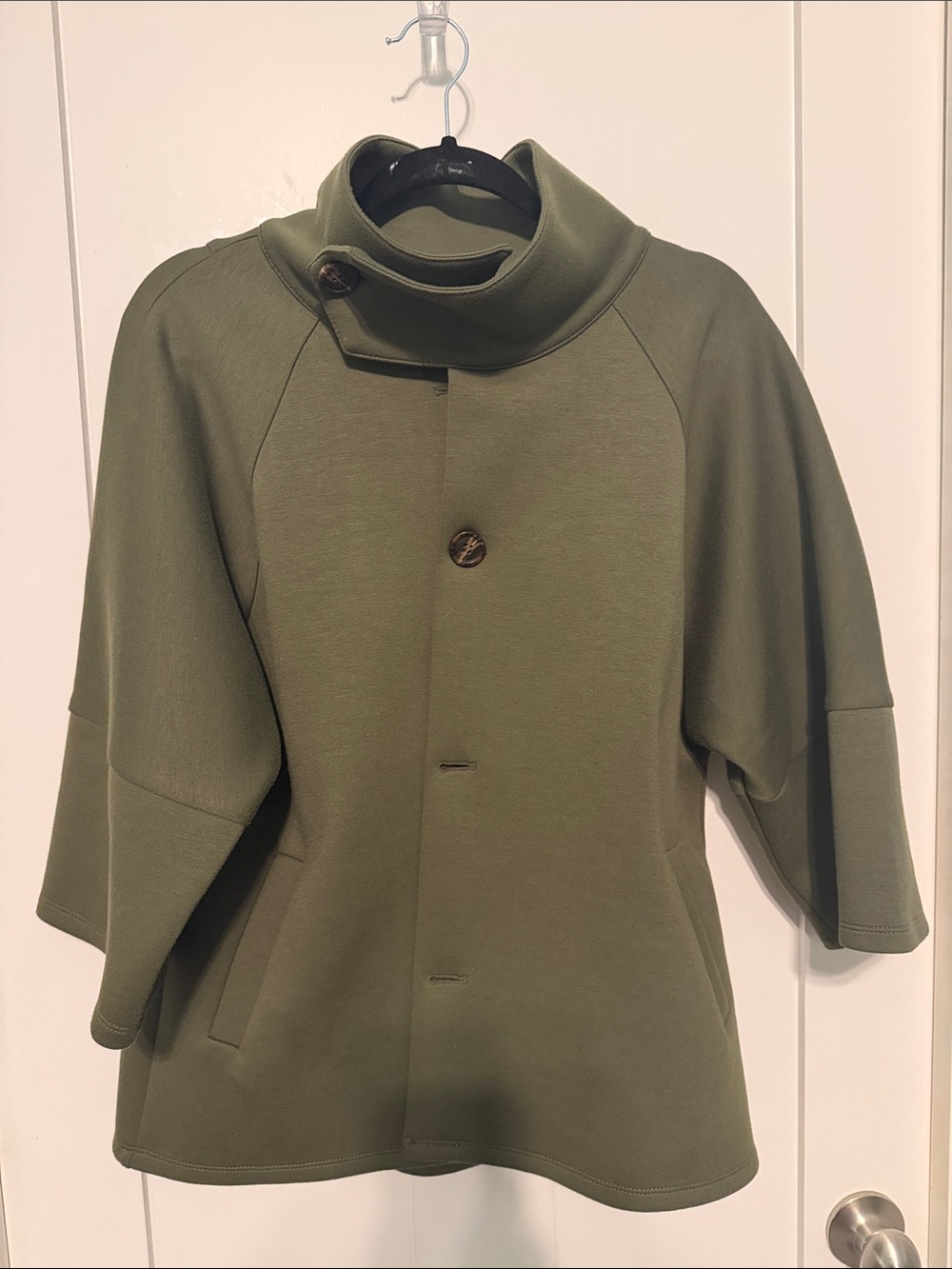THML Women's Olive Green Funnel Neck Button-Front Swing Cape Coat - Picture 6 of 9